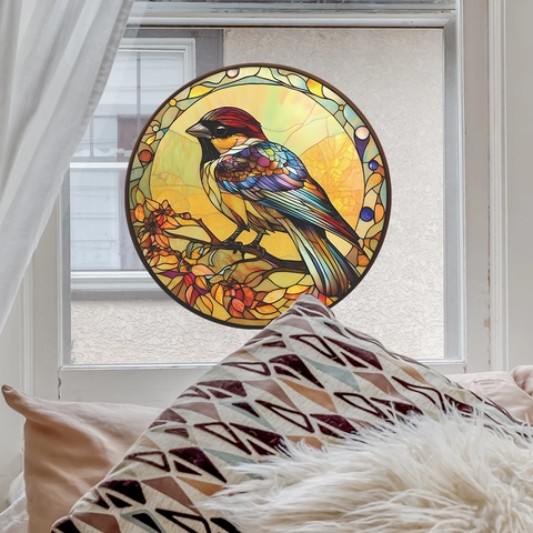 Pegatina de Ventana de Estilo Vidriera Redonda Pájaro Colorido En Rama Adherencia Estática Calcomanía de PVC Decorativa