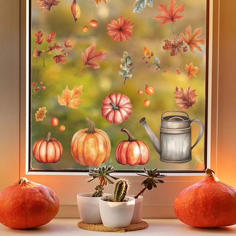Pegatinas Estáticas para Ventana Otoño Acción de Gracias Calabaza Hojas de Arce Decoración Cosecha Regadera Vinilos PVC