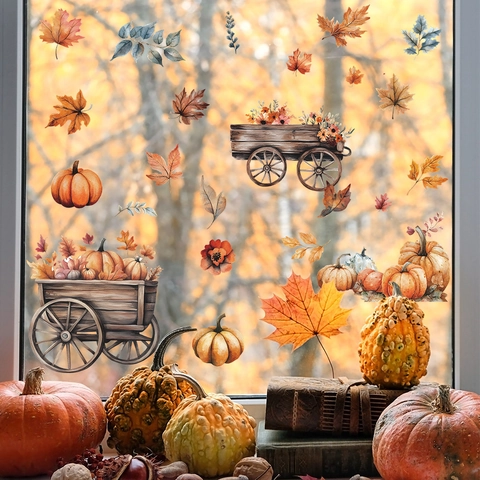 Pegatinas Estáticas De PVC Para Ventanas Con Calabazas De Otoño Y Carro De Madera Hojas De Arce Para Decoración De Acción De Gracias
