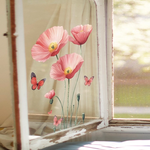 Pink Poppy Flowers Butterflies Wall Stickers Static Cling PVC Window Decals For Bedroom Home Decor Watercolor Style