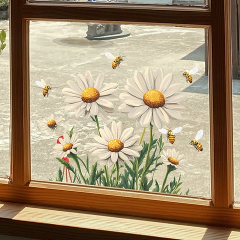 Daisy Bee Static Cling Window Stickers Floral Bee Wall Decals For Home Bedroom Decoration Removable No Glue PVC Sticker