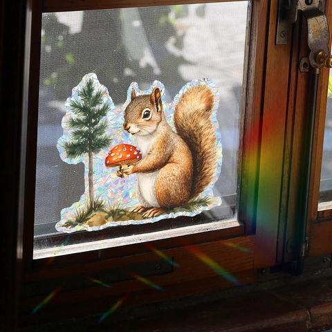 Eichhörnchen Pilz Kiefer Sonnenfänger Fensteraufkleber Statisch Prismatisch Regenbogeneffekt Glasaufkleber Für Haus Dekoration