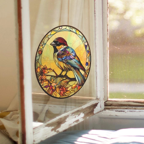 Pegatina de Ventana de Estilo Vidriera Redonda Pájaro Colorido En Rama Adherencia Estática Calcomanía de PVC Decorativa