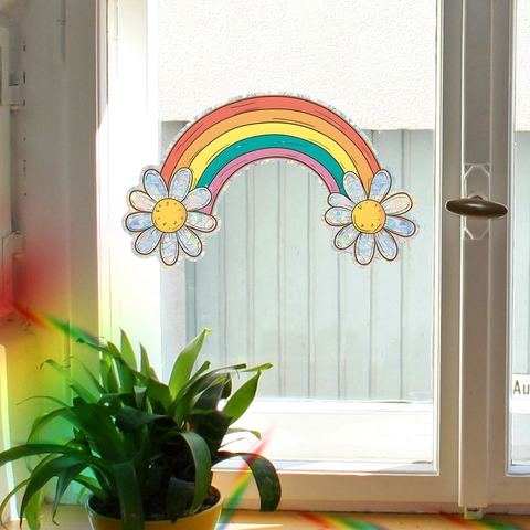 Regenbogen Gänseblümchen Fenster Suncatcher Aufkleber Holografisches Prisma PVC Statische Haftung Dekor Für Haus Glas