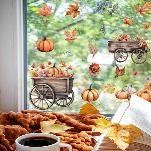 Pegatinas Estáticas De PVC Para Ventanas Con Calabazas De Otoño Y Carro De Madera Hojas De Arce Para Decoración De Acción De Gracias