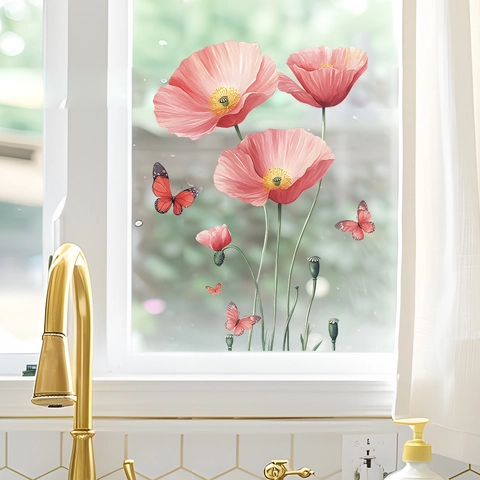 Pink Poppy Flowers Butterflies Wall Stickers Static Cling PVC Window Decals For Bedroom Home Decor Watercolor Style