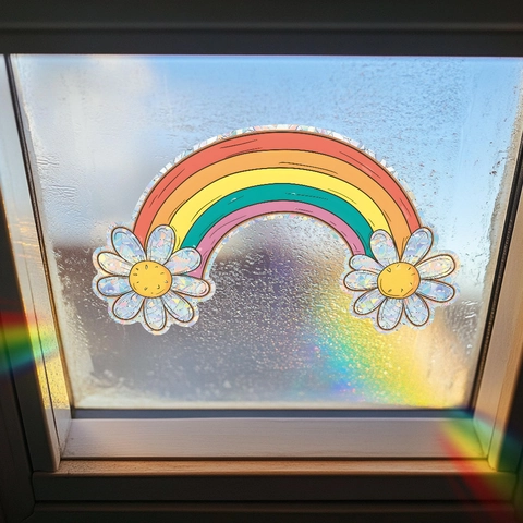Regenbogen Gänseblümchen Fenster Suncatcher Aufkleber Holografisches Prisma PVC Statische Haftung Dekor Für Haus Glas