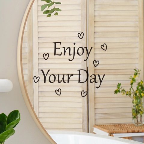 Sticker Mural Citation Motivation Enjoy Your Day Autocollant Miroir PVC Amovible Avec Motifs De Cœur Pour Décoration Maison