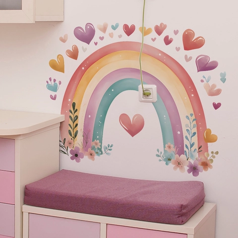 Aquarel Regenboog Hart Bloem Muursticker Verwijderbare PVC Sticker Voor Kinderkamer Slaapkamer Woonkamer Huis Decoratie