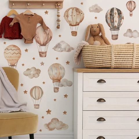 Aquarel Luchtballon Wolken Sterren Muurstickers Voor Kinderkamer PVC Zelfklevend Morandi Huisdecoratie Stickers
