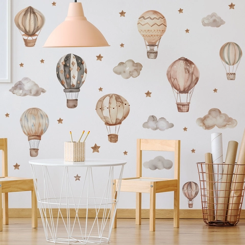 Aquarel Luchtballon Wolken Sterren Muurstickers Voor Kinderkamer PVC Zelfklevend Morandi Huisdecoratie Stickers