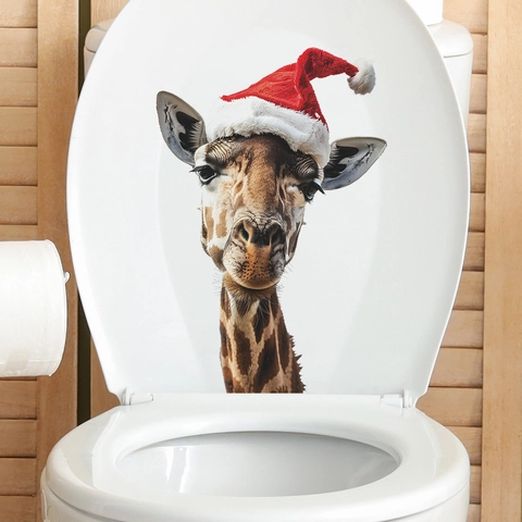 Kerstmis Giraffe Toilet Sticker Waterdicht PVC Verwijderbaar Badkamer Muursticker Met Kerstmuts Dierlijk Patroon Huis Decoratie