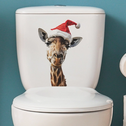 Kerstmis Giraffe Toilet Sticker Waterdicht PVC Verwijderbaar Badkamer Muursticker Met Kerstmuts Dierlijk Patroon Huis Decoratie