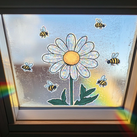 Adesivi per Finestre Margherita e Ape Effetto Arcobaleno Olografico Acchiappasole Prisma Pellicola in PVC Adesione Statica