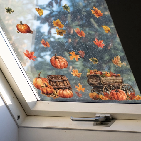 Herbst Kürbis Ahornblatt Fensterbilder Erntedankfest Erntewagen Kürbis Statische Aufkleber Für Glasfenster Haus Dekoration