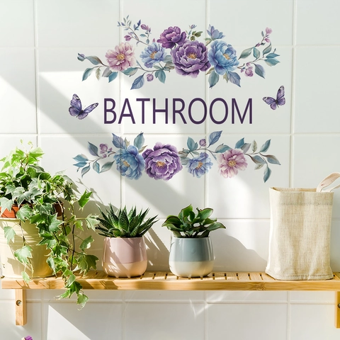 Watercolor Floral Butterfly Bathroom Wall Sticker PVC Removable Bathroom Slogan Wall Decal For Home Toilet Door Decoration