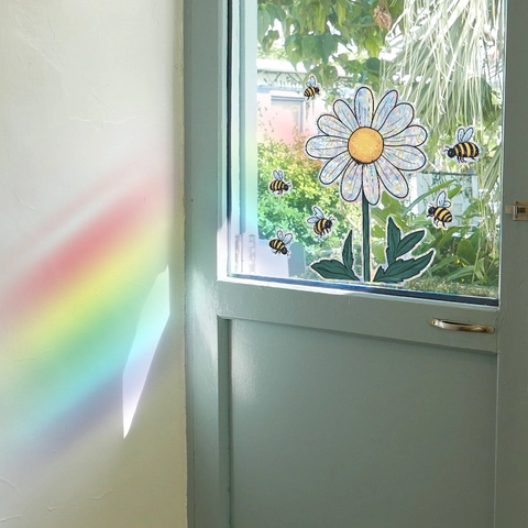 Adesivi per Finestre Margherita e Ape Effetto Arcobaleno Olografico Acchiappasole Prisma Pellicola in PVC Adesione Statica