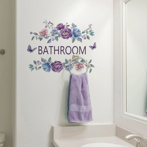 Watercolor Floral Butterfly Bathroom Wall Sticker PVC Removable Bathroom Slogan Wall Decal For Home Toilet Door Decoration