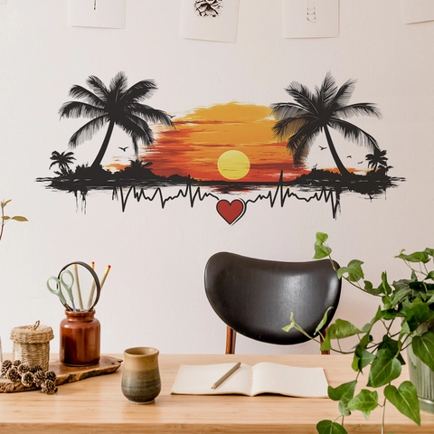 Romantische Zonsondergang Kokospalm Strand Muursticker Hartslaglijn Hart DIY Verwijderbare PVC Sticker Voor Slaapkamer Woonkamer Decor