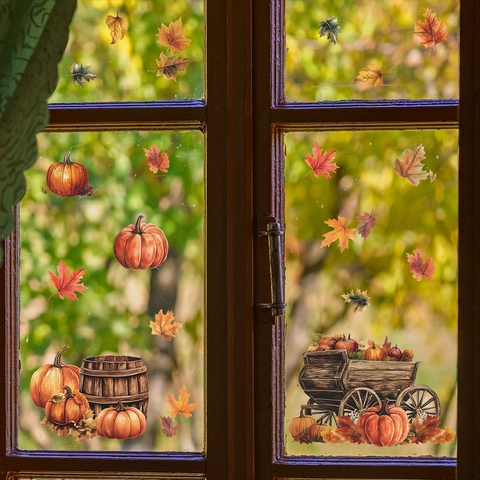 Herbst Kürbis Ahornblatt Fensterbilder Erntedankfest Erntewagen Kürbis Statische Aufkleber Für Glasfenster Haus Dekoration