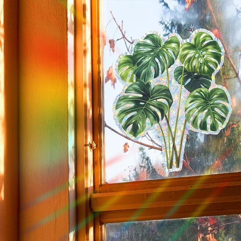 Monstera Blatt Regenbogen Fensteraufkleber Suncatcher Statische PVC Prisma Holographische Grüne Pflanze Glas Deko