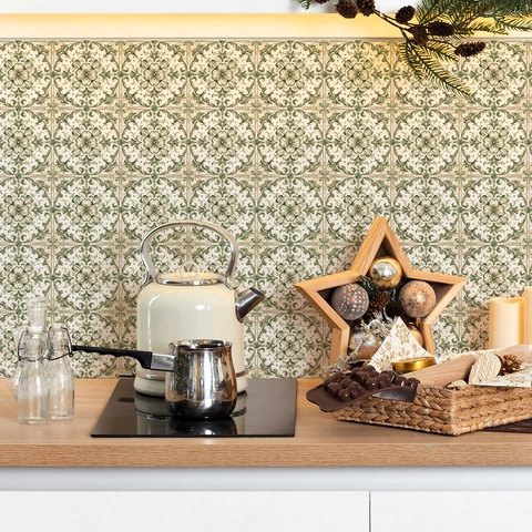 Adhesivos para Azulejos de Mandala Verde Vintage Impermeable PVC Autoadesivo Pegatinas de Pared para Cocina Baño Hogar