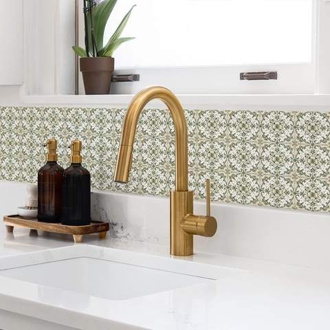 Adhesivos para Azulejos de Mandala Verde Vintage Impermeable PVC Autoadesivo Pegatinas de Pared para Cocina Baño Hogar