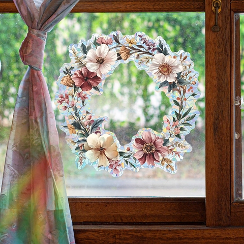 Modern Blumenkranz Holografischer Regenbogen Fensterfolie Statische Haftung PVC Wandtattoo Für Schlafzimmer Zuhause Deko