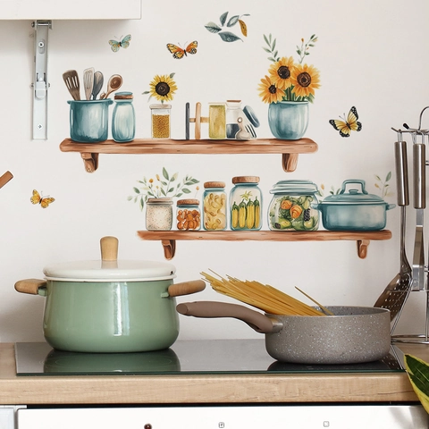 Watercolor Sunflower Butterfly Kitchen Jar Wall Sticker Removable PVC Decal For Dining Room Restaurant Home Decor