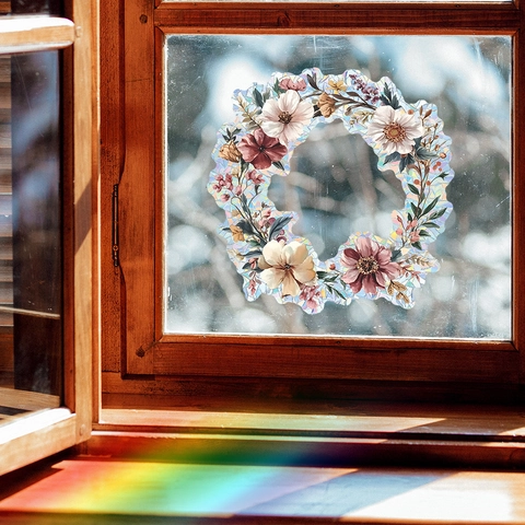 Modern Blumenkranz Holografischer Regenbogen Fensterfolie Statische Haftung PVC Wandtattoo Für Schlafzimmer Zuhause Deko