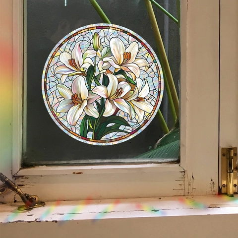 Glas-in-lood Stijl Lelie Bloem Muursticker Statische Sticker Decoratieve Film Voor Glazen Deur Slaapkamer Thuis Decoratie
