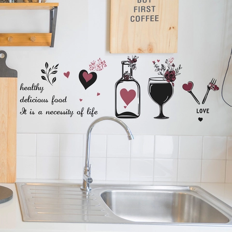 Romantic Wine Bottle Glass Heart Letters Kitchen Wall Sticker PVC Self Adhesive Home Restaurant Decorative Decal