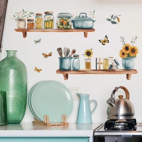 Watercolor Sunflower Butterfly Kitchen Jar Wall Sticker Removable PVC Decal For Dining Room Restaurant Home Decor