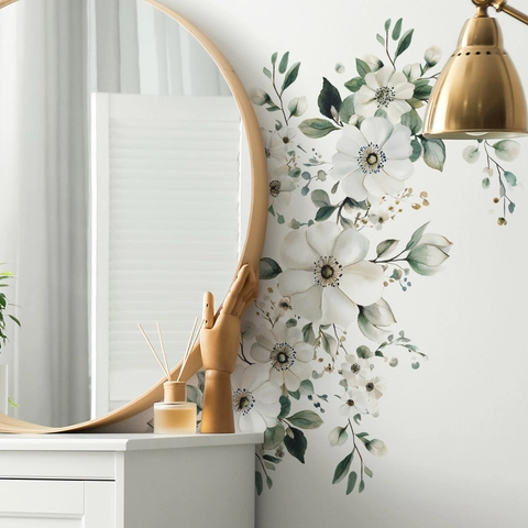 Watercolor Jasmine Flower Wall Stickers PVC Self Adhesive Floral Wall Decals For Bedroom Living Room Home Decor