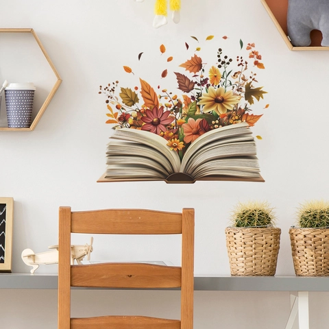 Pegatina de Pared Pastoral Libro Flor Hoja de Otoño Removible PVC Autoadhesivo Calcomanía Para Dormitorio Sala de Estar Hogar