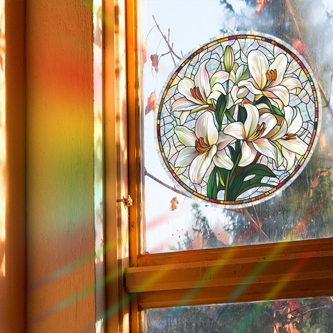 Glas-in-lood Stijl Lelie Bloem Muursticker Statische Sticker Decoratieve Film Voor Glazen Deur Slaapkamer Thuis Decoratie