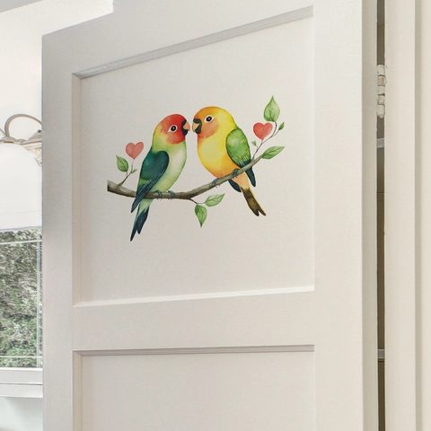 Watercolor Lovebirds Parrots On Tree Branch With Hearts Wall Sticker Removable PVC Self Adhesive Home Bedroom Decor Mural Art