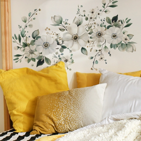 Watercolor Jasmine Flower Wall Stickers PVC Self Adhesive Floral Wall Decals For Bedroom Living Room Home Decor