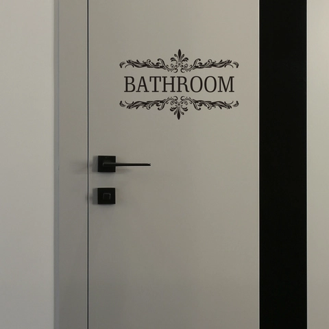 Vintage Bathroom Door Sign Wall Sticker Black PVC Bathroom Removable Lettering Filigree Wall Decal For Bathroom Home Decor
