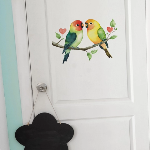 Watercolor Lovebirds Parrots On Tree Branch With Hearts Wall Sticker Removable PVC Self Adhesive Home Bedroom Decor Mural Art