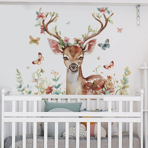 Adesivo da Parete Pastorale con Cervo e Fiori ad Acquerello in PVC Autoadesivo per Camera da Letto e Cameretta