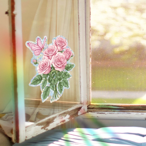 Rosa Rosenstrauß Schmetterling Fensteraufkleber PVC Laser UV Statisch Rainbow Effekt Glas Dekorativer Wandtattoo