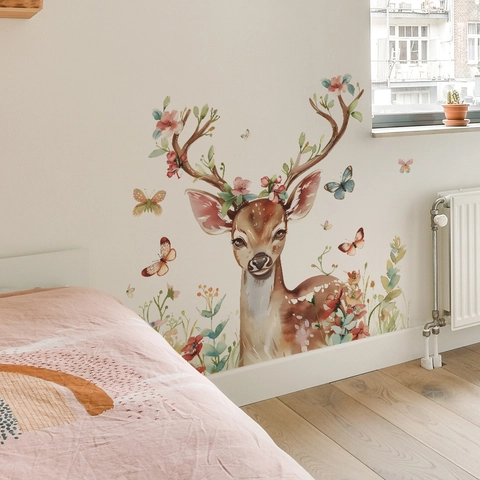 Adesivo da Parete Pastorale con Cervo e Fiori ad Acquerello in PVC Autoadesivo per Camera da Letto e Cameretta