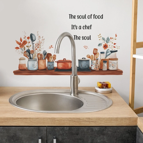 Hand Drawn Kitchen Utensils Wall Sticker PVC Waterproof Self Adhesive Soul Of Food Quote Decal For Kitchen Decor