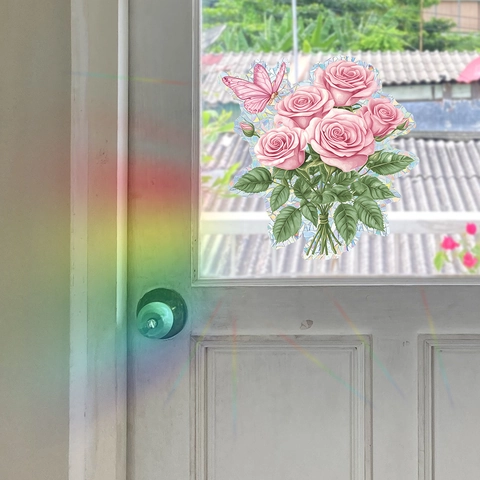 Rosa Rosenstrauß Schmetterling Fensteraufkleber PVC Laser UV Statisch Rainbow Effekt Glas Dekorativer Wandtattoo