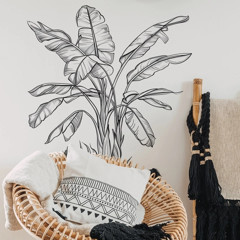 Schwarzweiß Bananenblatt Wandtattoo Skizze Tropische Pflanze PVC Abnehmbarer Wandaufkleber Für Schlafzimmer Wohnzimmer Deko
