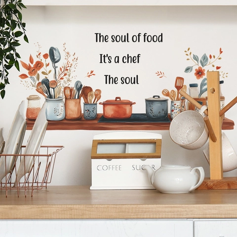 Hand Drawn Kitchen Utensils Wall Sticker PVC Waterproof Self Adhesive Soul Of Food Quote Decal For Kitchen Decor