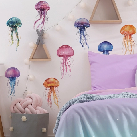 Aquarell Quallen Wandsticker Für Kinderzimmer Ozean Meeresbewohner PVC Wandtattoos Haus Dekoration DIY Wandbild Für Kinderzimmer