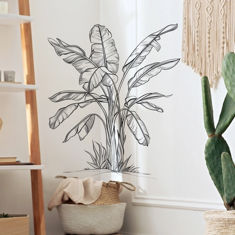 Schwarzweiß Bananenblatt Wandtattoo Skizze Tropische Pflanze PVC Abnehmbarer Wandaufkleber Für Schlafzimmer Wohnzimmer Deko