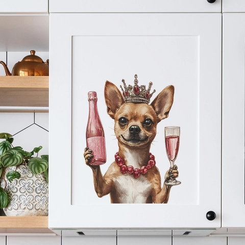 Sticker Mural Créatif Chihuahua Avec Motif Couronne Et Bouteille De Vin Décalcomanie Auto-Adhésive Amovible En PVC Pour Cuisine Chambre Maison